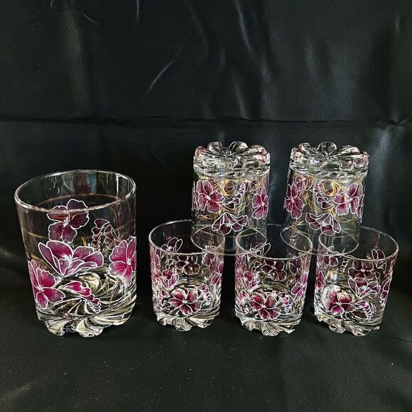 Cerve DeValbor ITALY Set 5 Rocks Glasses & Ice Bucket Pink ORCHIDS 1970's Swirls - Picture 1 of 13